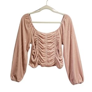 SO Velvet Top Ruched Sz XL Pink Balloon Sleeve Square Neck Coquette Ren Faire